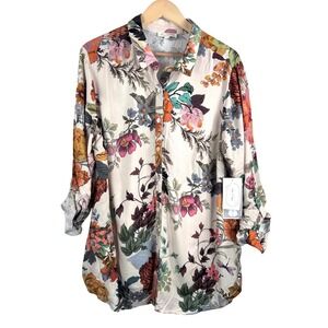 Fig‎ + Flower Button Down Shirt sz 2X Multicolor Floral Roll Tab novely nature